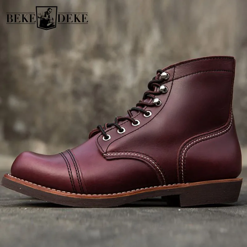 High Quality Vintage Mens Genuine Leather Motorcycle Boots Fashion Lace Up Round Toe Winter Warm Male Ankle Boots Cargo Shoes