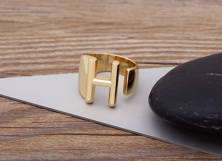 Trendy Hollow A-Z Letter Gold Color Adjustable Opening Ring Initials Name Alphabet Female Chunky Wide Party Wedding Jewelry