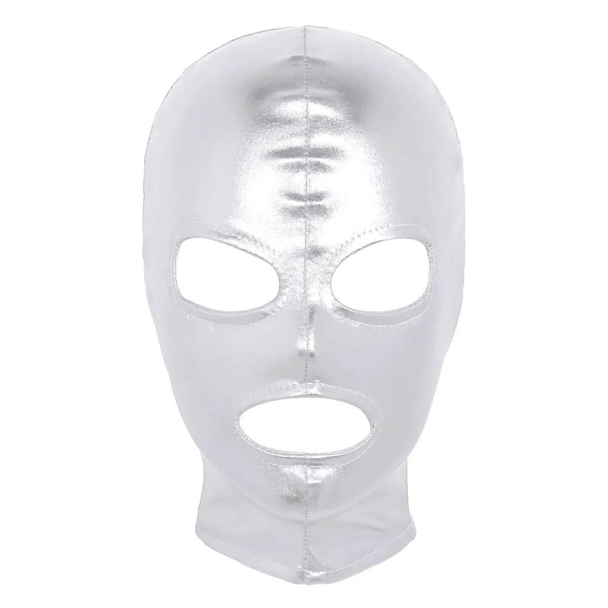 Women Men Latex Cosplay Party Face Mask Unisex Shiny Metallic Open Eyes and Mouth Headgear Full Face Mask Hood Roleplay Costume