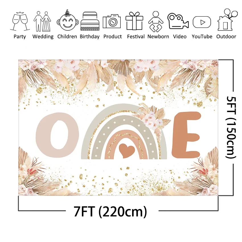 Mocsicka-Bohemian Rainbow Birthday Backdrop, Pampas Grass, 1st Birthday Party Decoration, Bolo Smash Background