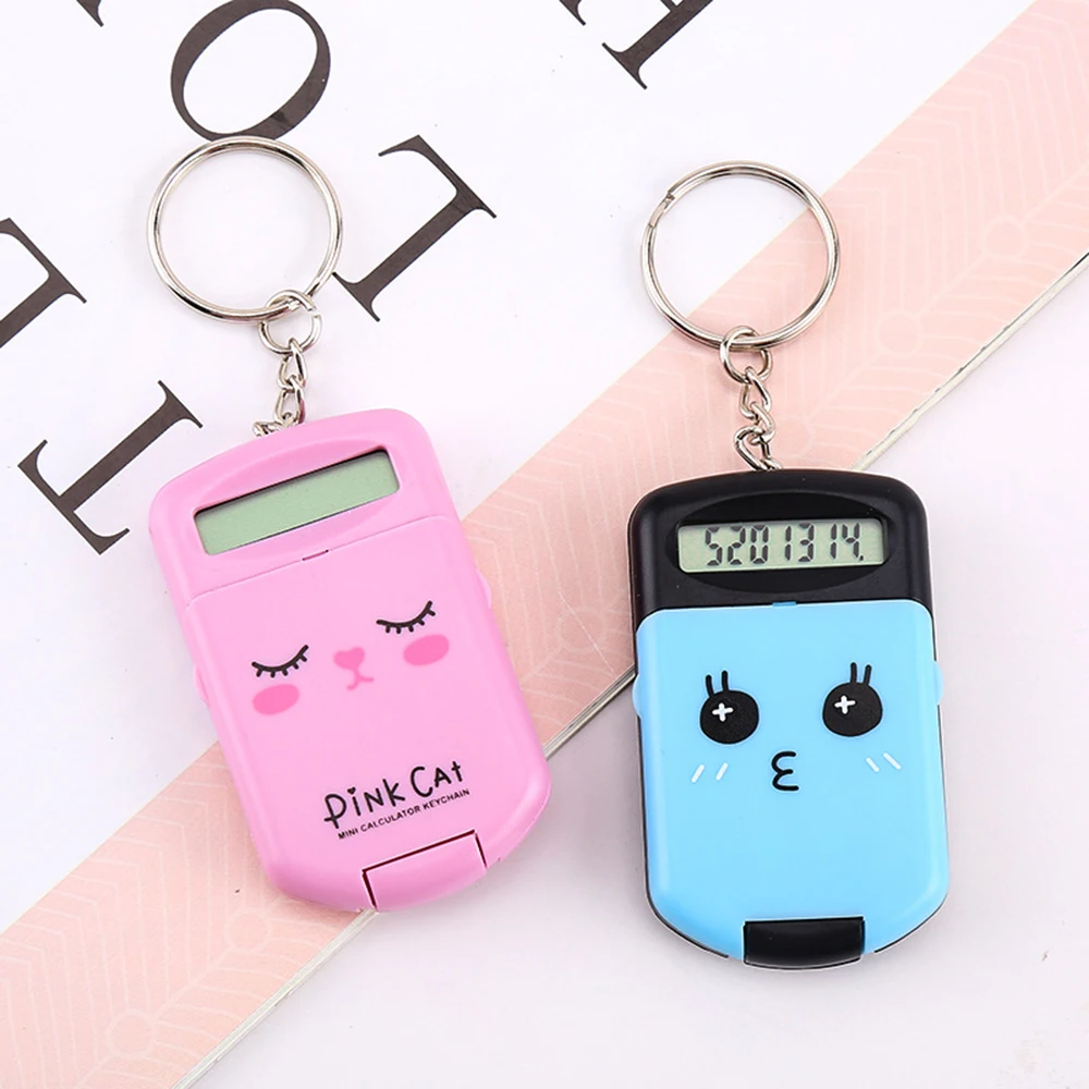 Mini Calculator Cute Cartoon with Keychain 8 Digits Display Portable Pocket Size Calculator for Children Students School