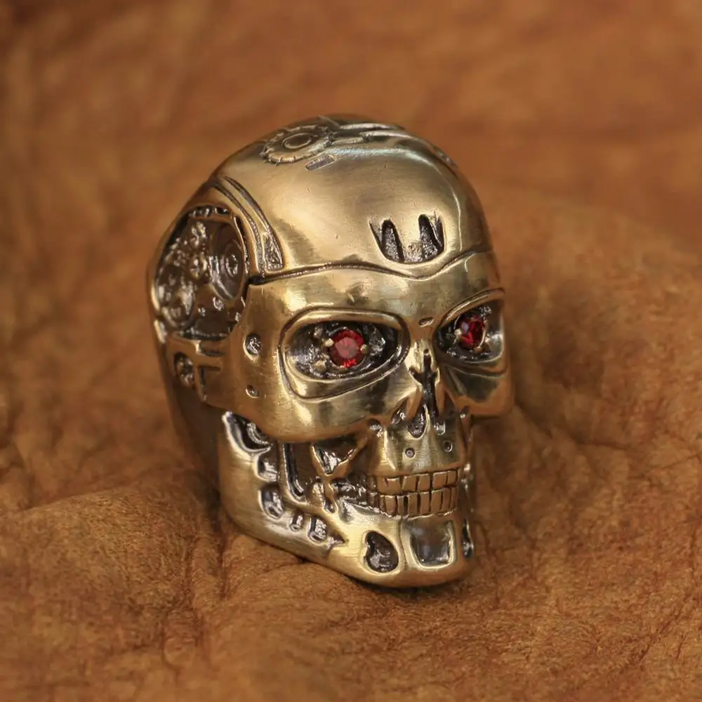 LINSION Handmade Brass Red CZ Eyes Terminator Mens Punk Robot Ring BR80 US Size 7~14