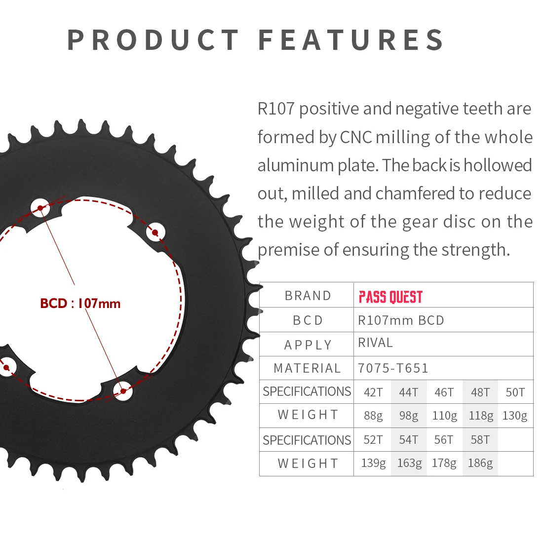 107mm BCD Chainring for Sram RIVAL CRANK 42T 44T 46T 48T 50T 52T Bike Chain 107bcd Road Bike Chainrings