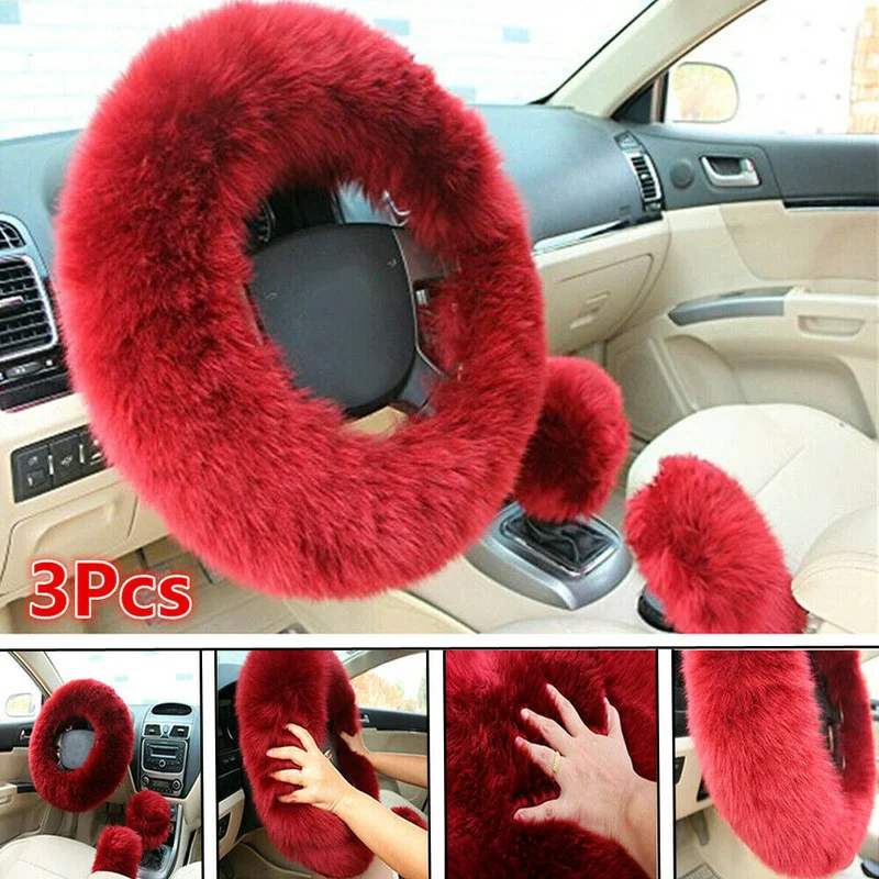 

3pcs Fur Wool Furry Fluffy Thick Car Steering Wheel Cover Winter Red Wine Color Wool Universal Car Decoration Accessories