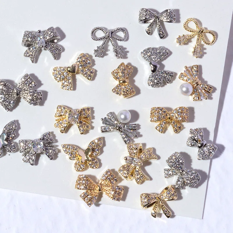 1Pc Nail Art Jewelry Pendant Zircon Bowtie Shaped 3D Charms Gold Silver Super Shiny Metal Bow Gems For Nail Art Decoration - Image 2