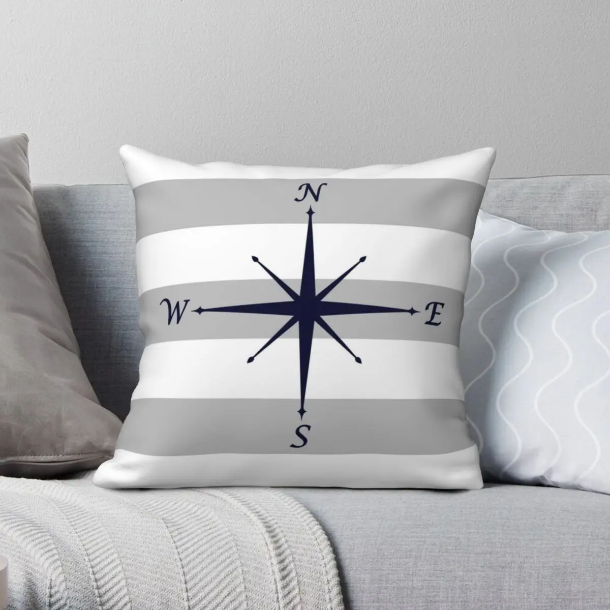 

Nautical Navy Blue Compass Silver Gray And White Stripes Square Pillowcase Polyester Velvet Linen Decor Throw Pillow Case Sofa