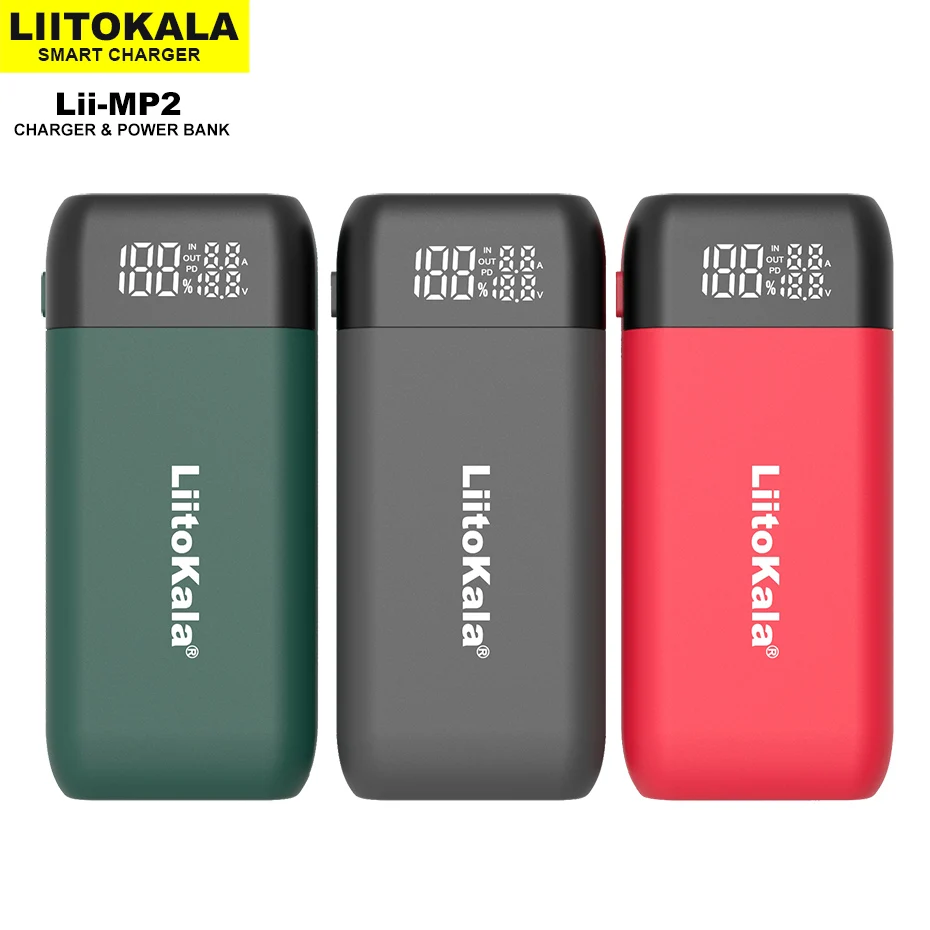 LiitoKala Lii-MP2 18650 21700 ładowarka i Power Bank QC3.0 cyfrowy wyświetlacz wejścia/wyjścia. + 2 szt. Akumulator