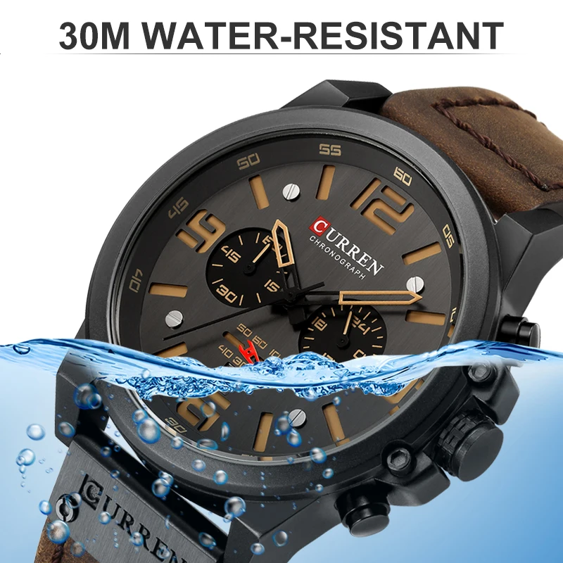 CURREN Mens Watches Top Luxury Brand Waterproof Sport Wrist Watch Chronograph Quartz Military Genuine Leather Relogio Masculino