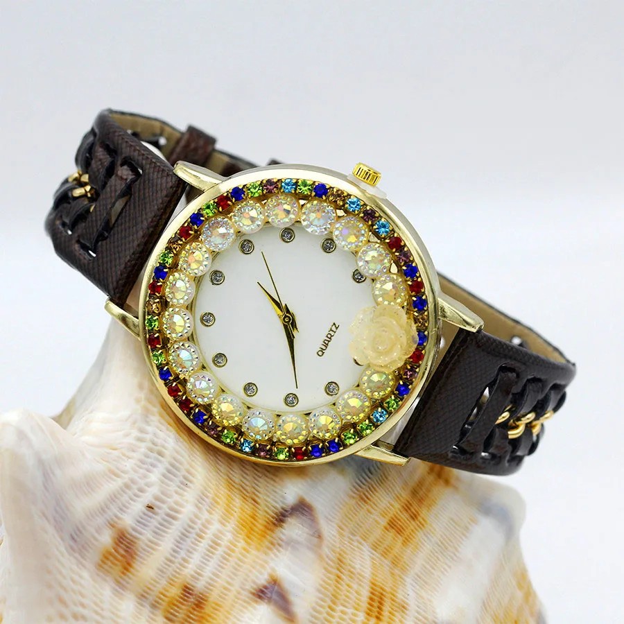 New Ladies Flower Hand-knitted Wristwatch Rose Women Dress Watch Color Sparkling Rhinestone Leather Strap Clock Sweet Girl Watch