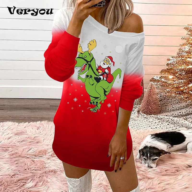 2021 New Christmas Print Hot-Selling Round Neck Women's Dress Ladies Santa Claus Print Funny Cute Dress Multi-Style Ladies Dress