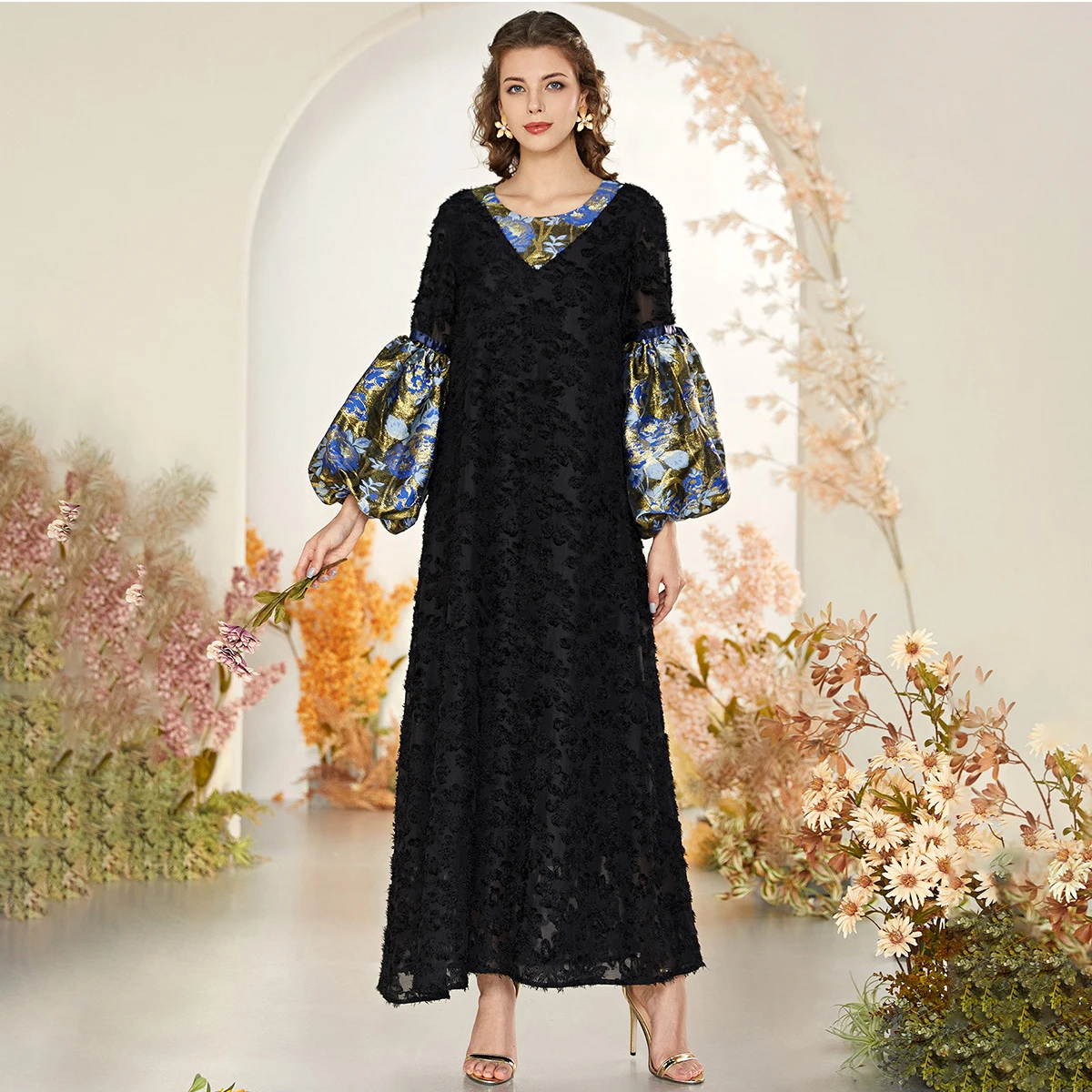 

Muslim dress Women's Fashion Black Lace Contrast Color Stitching Lantern Long Sleeve Muslim Dress Abaya Dubai Dresses