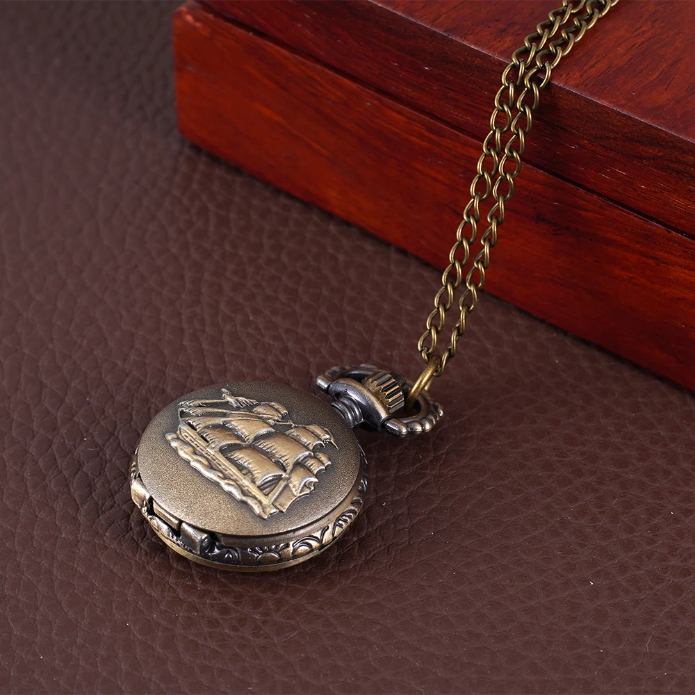 Vintage bronze pocket watch plain sailing implication small quartz pocket watch long necklace watch