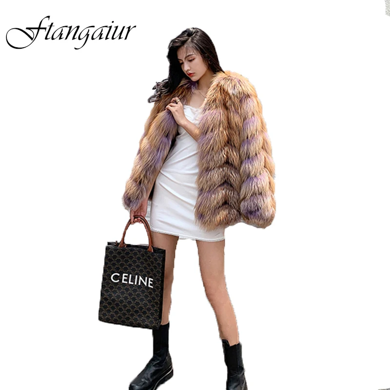 

Ftangaiur New Women Winter Import Fox Fur Coat Weave Whole Skin Slim Thick Female Fox Coats Short V-Neck Natural Fox Fur Coats