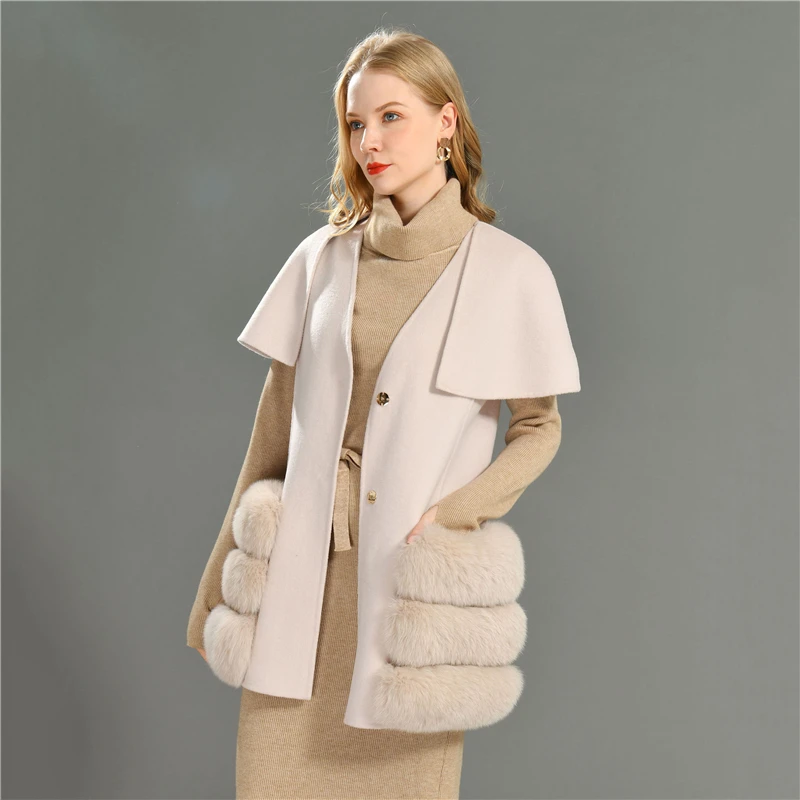 Spring Autumn Women\'s Sleeveless Jacket Shawl Long Vest with Real Fox Fur Pocket Luxury New Female Button Suit Waistcoat