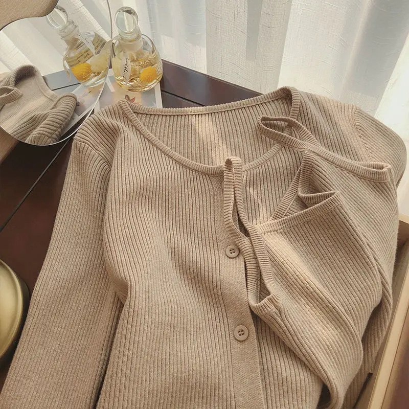 Cardigan Two-piece Camisole and Knitted Cardigan Women's 2021 New Slim Fashion Suit Spring Top Cardigan  Cardigan Women