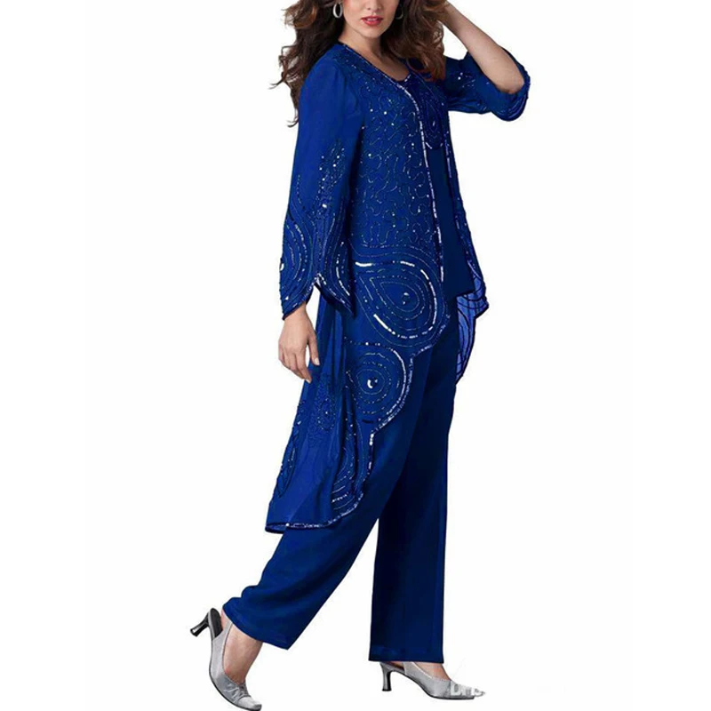 

Sequin Mother Of The Bride Pantsuits Elegant Women Suits With Irregual Jacket 3 Pcs Custom Dress Guest Wedding Dresses Plus Size