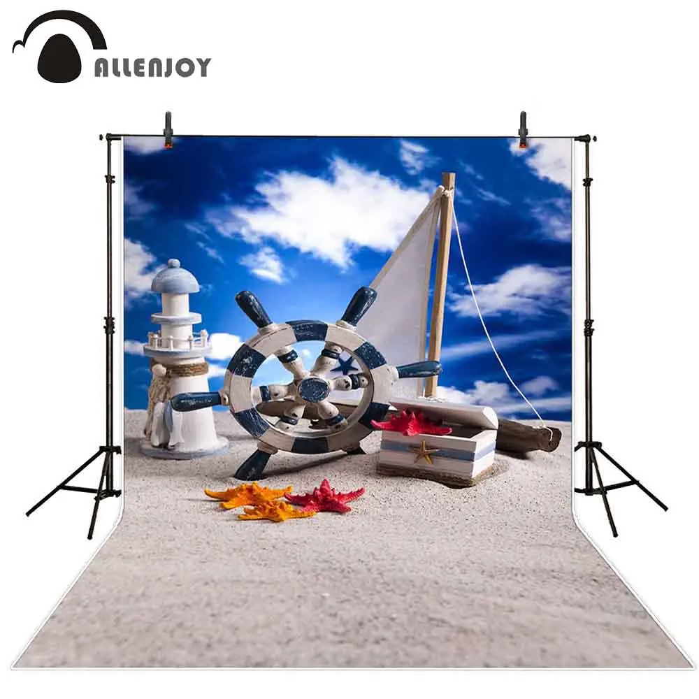 Allenjoy Photography Background Summer Lighthouse navy Rudder Starfish sailboat treasure box sky beach sand backdrop photophone