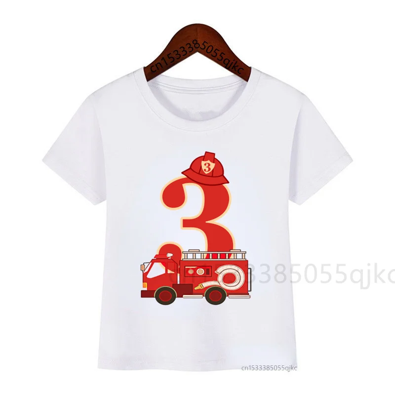 Numbers 1-9 Children\'s Cartoon Fire Engine Birthday Number T-shirt Boy Girl Firefighter T-shirt White T-shirt Cute Funny T-shirt