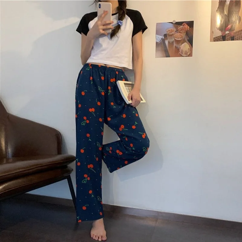 Sweet Cute Print Sleep Bottoms Women Autumn Causal Straight Simple Elegant Tender All-match Homewear Soft Ins Sleepwear Trousers