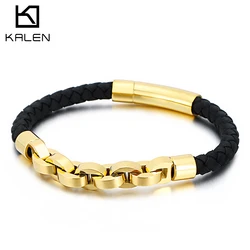 KALEN Fashion Multiple Color Stainless Steel Bracelets Men Black Cowhide Leather Charm Bangle Bracelet For Men Wristband Jewelry