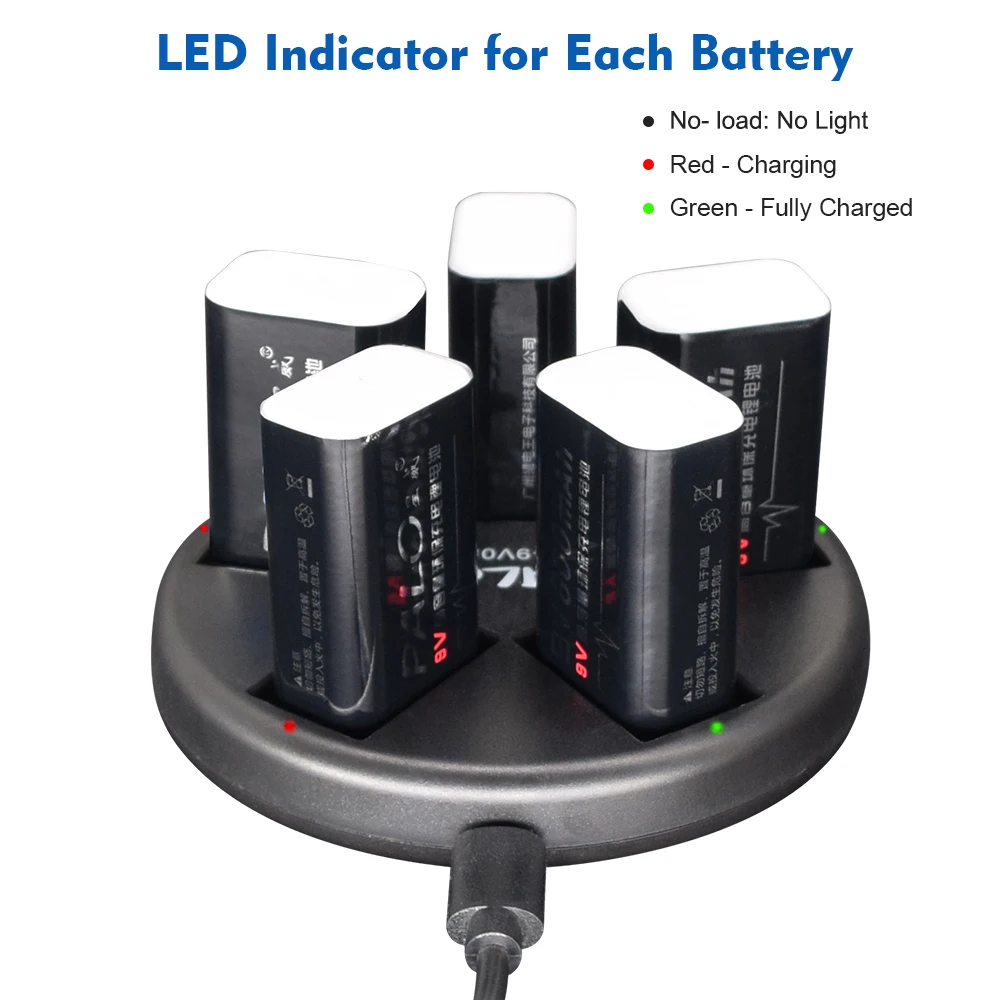 Ładowarka PALO 9V ładowarka USB 9V do akumulatorów litowo-jonowych 9V 6F22 Ni-MH, 5 gniazd inteligentna ładowarka indywidualna