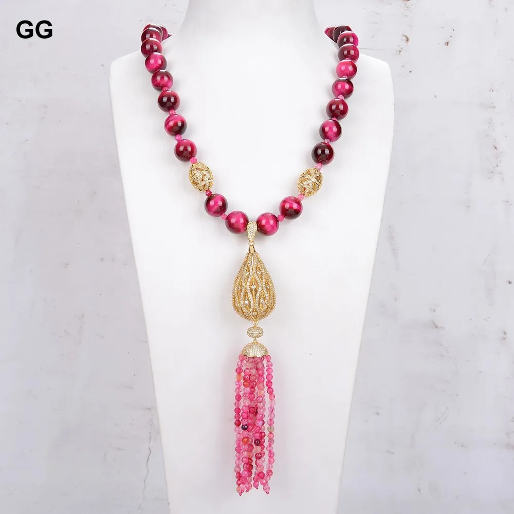 

GuaiGuai Jewelry 14MM Round Fuchsia Tiger Eye Necklace CZ Pave tassel Pendant 23"