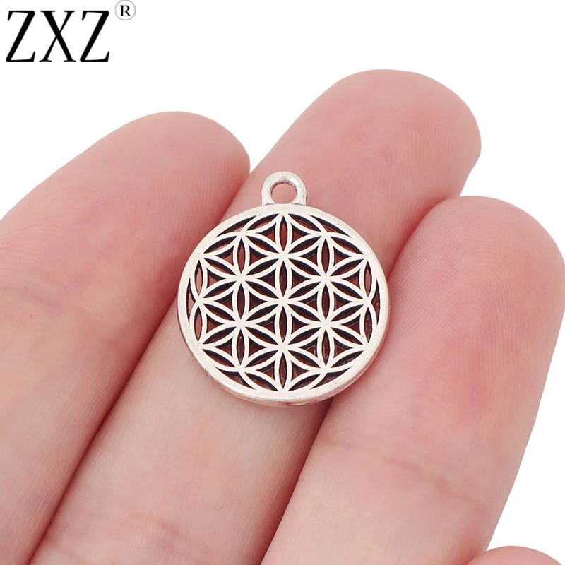 ZXZ 30pcs Tibetan Silver Tone Flower Of Life Round Circle Charms Pendants 2 Sided for DIY Jewelry Making Accessories 18x18mm