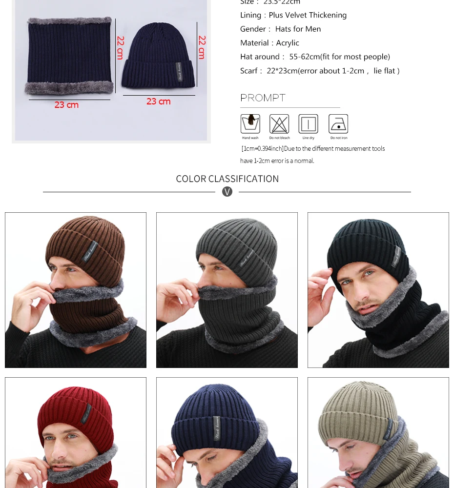 Winter herren Schal Gestrickte Hut Set Maske Warm Caps Plus Samt Dicke Mützen Für Männer Skullies Mützen Frauen Kappe mode Balaclava – Detail 3