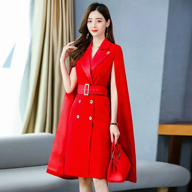 2023 New Fashion Shawl Cloak Dress Women Clothing Spring Autumn Korean Waist Double-breasted Black Blazer Dresses e149