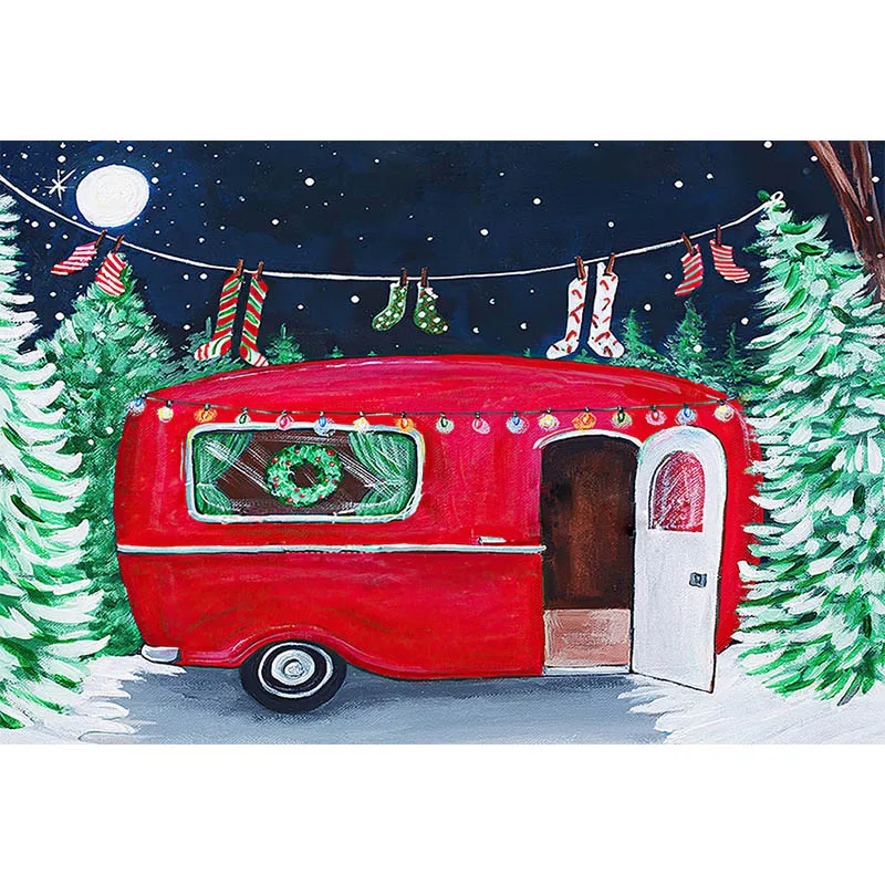 ฤดูหนาวพื้นหลังการถ่ายภาพคริสต์มาสต้นไม้ Santa ถุงเท้า Night สีแดง Caravan เด็ก Xmas ฉากหลัง Photo Studio Photozone Props Decor