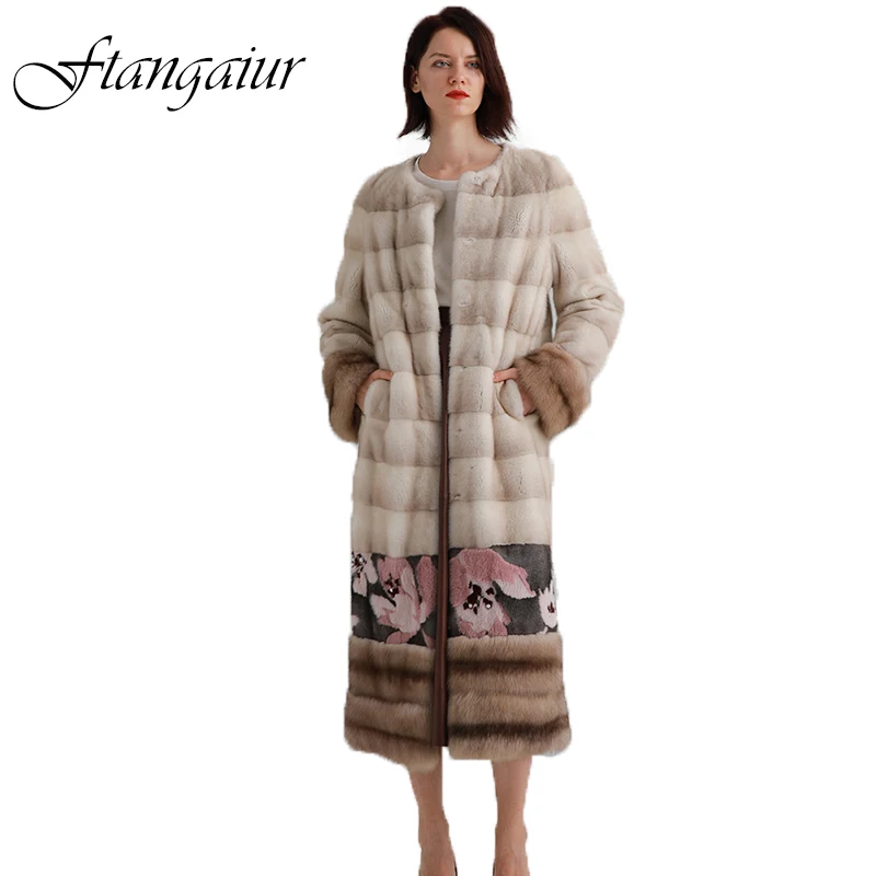 Ftangaiur New Winter Import Velvet Mink Fur Coat O-Neck Sable Print Mink Coat Women X-Long Natural Real Mink Fur Coats