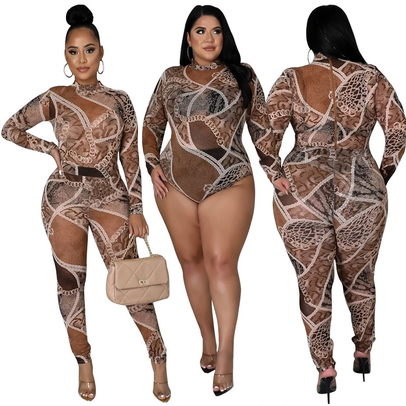 Sexy Outfits Women Plus Size Clothing Long Sleeve Bodysuit and Pants Clubwear Transparent Mesh Party Two Piece Set Dropshipping