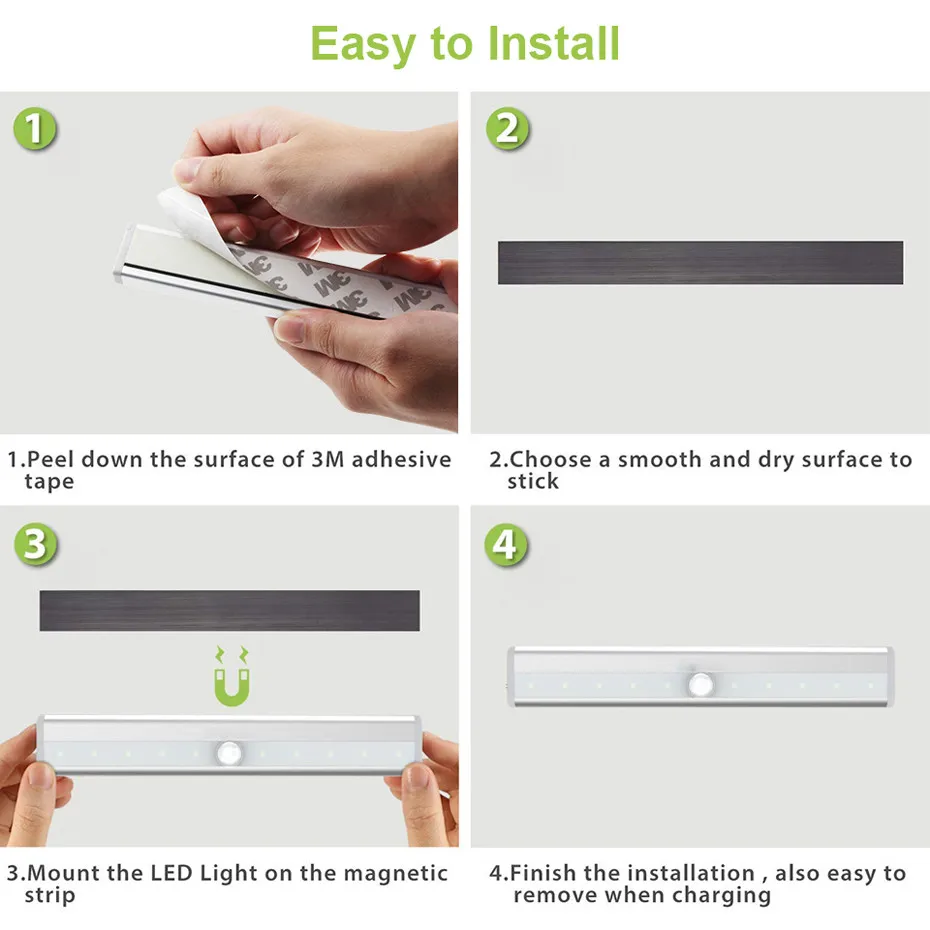 Imagem -04 - Luz Usb Portátil Recarregável para Armário Lâmpada Noturna com 10 Leds sem Fio com Sensor de Movimento e Vara Magnética para Cozinha