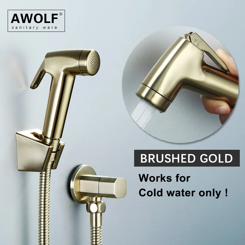 Hand Held Toilet Bidet Sprayer Brushed Gold Plastic Shattaf Douche Kit With Solid Brass Angle Valve Bidet Faucet Shower AP2296