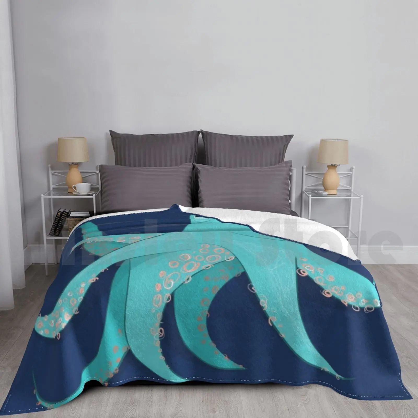 Teal Octopus With Orange Blanket For Sofa Bed Travel Octopus Sea Sea Creatures Marine Life Aquatic Squid