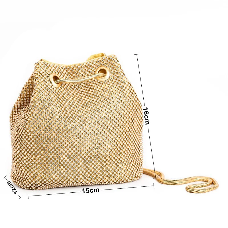 Bolso de noche con cordón para mujer con diamantes de imitación de lujo, bolso de fiesta femenino de gran capacidad, bolso de mano tipo cubo, bolso