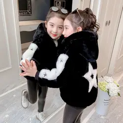 Thick Warm Winter Jacket For Girls Big Size Star Hooded Sweater Sleeve Plus Velet  Kids Outerwear Teenager  Windbreaker Coat