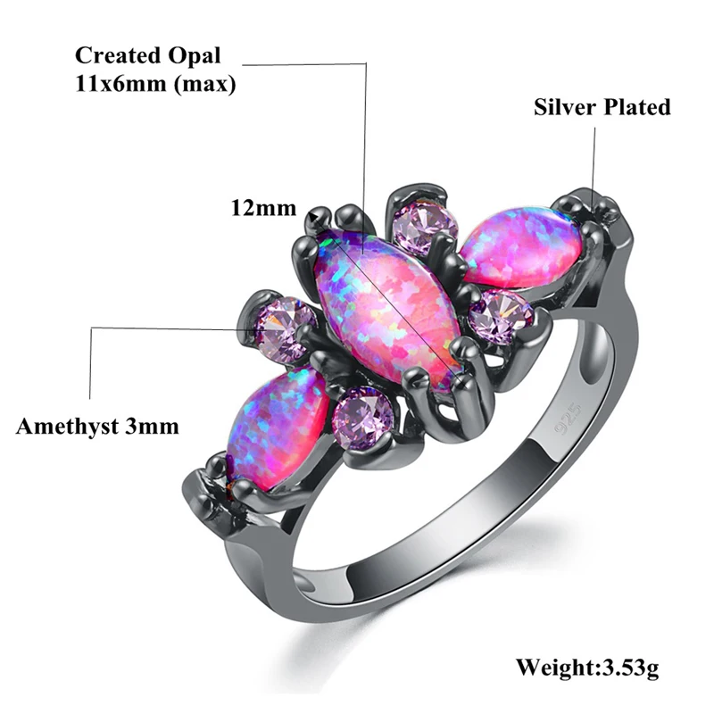 CiNily Pink Big Fire Opal Stone Black Gold Color Rings Purple Violet Zircon Crystal Butterfly Animal Ring Fashion Jewelry Women