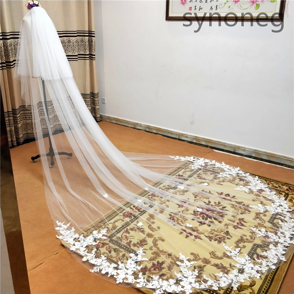 Cover face Real Photo 3m two Layer Wedding Veil With Comb White Lace Edge Bridal Veils Ivory Appliqued Cathedral Wedding Veil