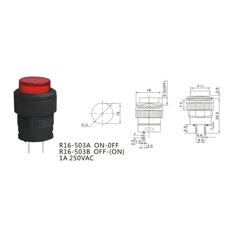 20PCS HOT NEW Micro power switch lock with lock universal inching button switch no light 16mm 3A 250V 2PIN R16-503A