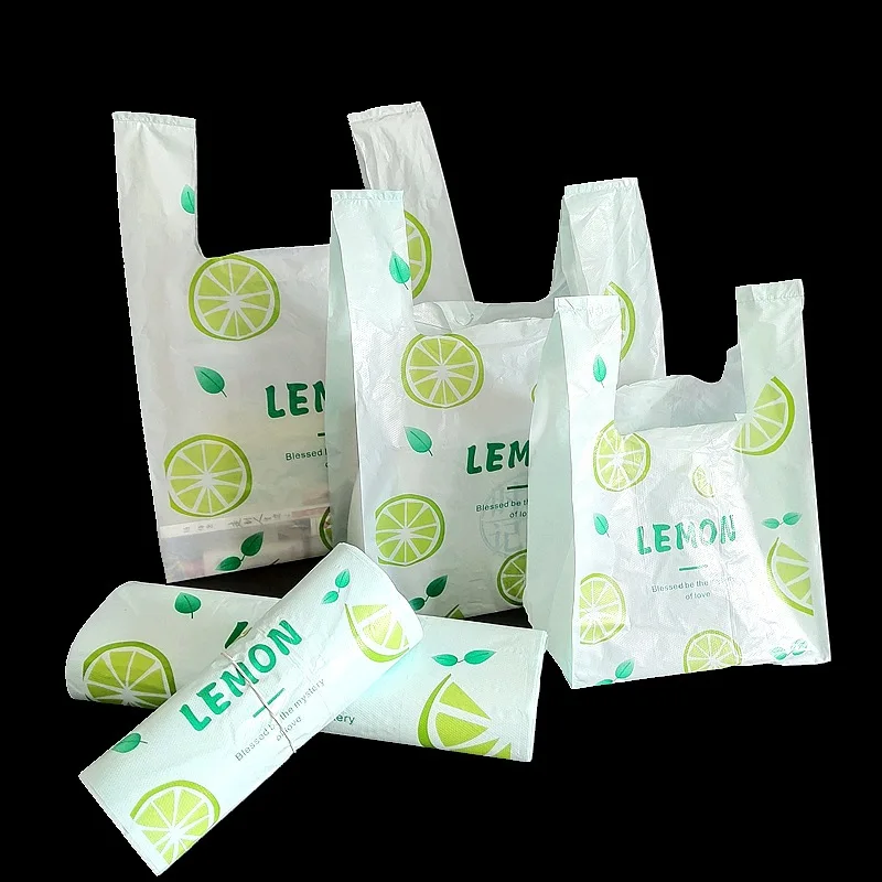 3 Sizes Light Blue Plastic Shopping Bag Lemon Printed Storage Bag Store Grocery Packaging Bag With Handle Small Gift Bags 50Pcs