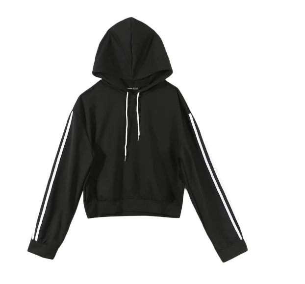 Women Cropped Hoodie Autumn Patchwork Top black Long Sleeve Hooded Pollover Fall Women Short Sweatshirt Tops Poleron Mujer