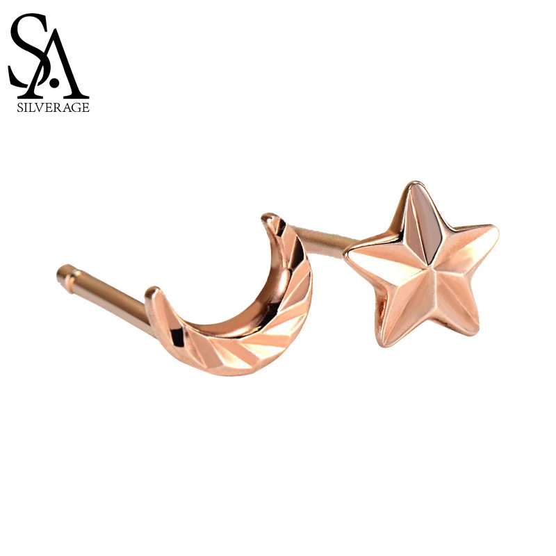 

SA SILVERAGE Fine Jewelry Stars Moon Earrings 18K Rose Gold Earrings 0.65g Fashion Small Earrings Joker 2021 Love