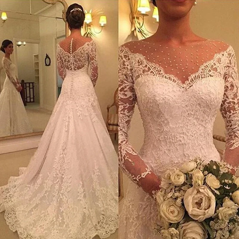 ลูกไม้ชุดแต่งงานสายแขนยาว Appliques ชุดเจ้าสาว Robe De แต่งงานเจ้าสาว Vestido De Novias Hochzeitskleid