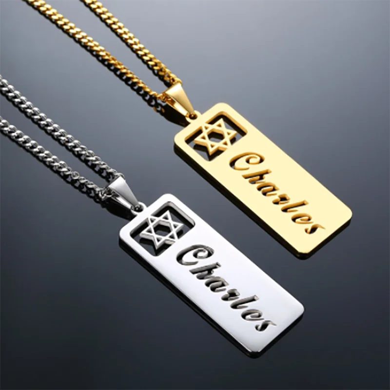 Trendy Personalized Stainless Steel Nameplate Necklace For Women Star Of David Tag Customized Name Necklaces Anniversary Jewelry