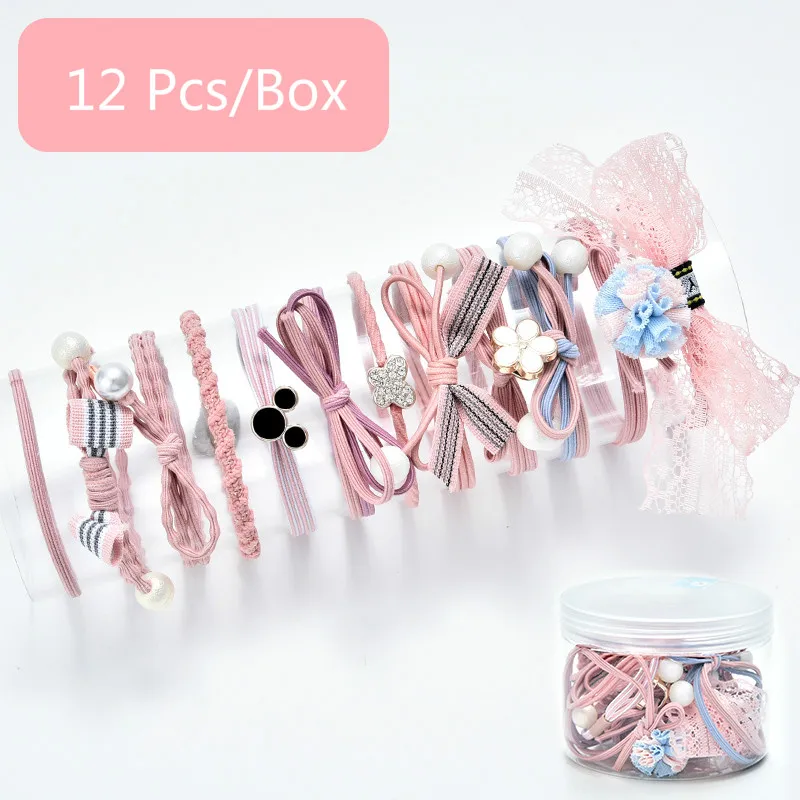 1 Box New Women Girls Sweet Knot Pearl Bow Elastic Hair Bands Ponytail Holder Rubber Bands Female Fashion Hair Accessories Set