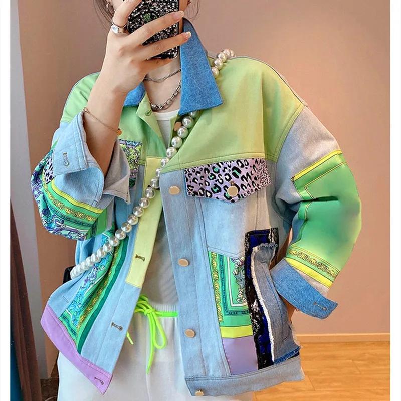 Spring Autumn Brand Design Women Loose Denim Jacket Women Colorful Floral Print Appliques Jacket Female Outwear Coats SY056