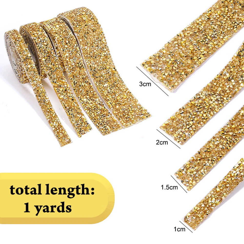 1 Yard Self-Adhesive Gold Crystal Rhinestone Tape Trim Applicator DIY Shoes Dresses Decoration Rhinestones Ribbon Roll Crafts