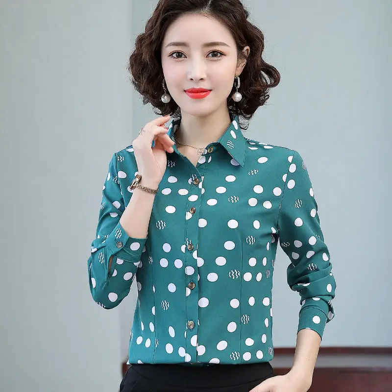 2021 primavera e outono nova versátil manga longa camisa feminina coreano dot print fino chiffon blusas casuais moda senhora topo