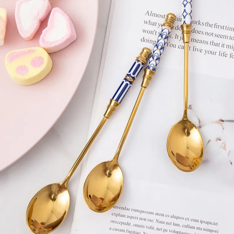 Golden Spoon Dessert Spoon Stainless Steel Coffee Milk Spoon With Ceramic Long Handle Spoon Gold-plated Dessert Spoon